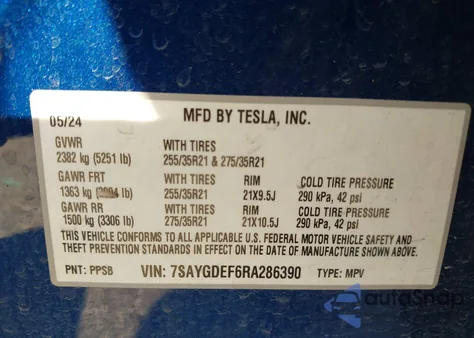 2024 Tesla Model Y Performance Dual Motor All-Wheel Drive z USA, uszkodzony, nr VIN 7SAYGDEF6RA286390